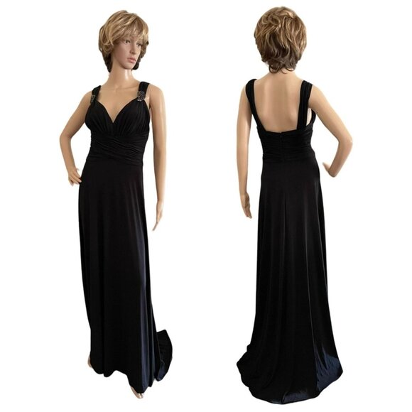 Elegant JS Boutique Black Evening Gown Size 8 w/Train and Jeweled Pins on Straps - Picture 3 of 10